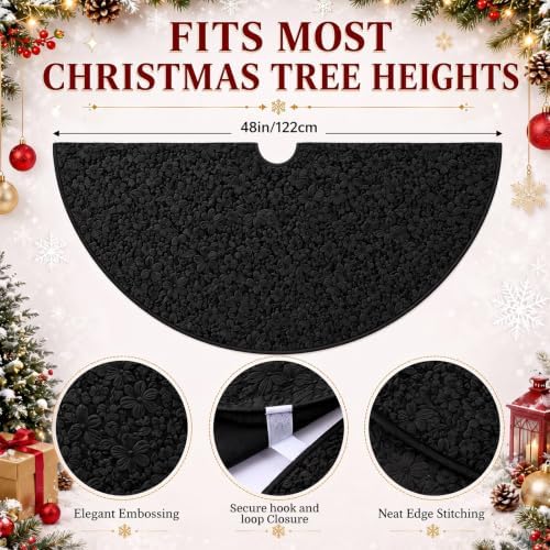Skylety 48'' Christmas Tree Skirt Rug Embossing Xmas Tree Skirt, Black - Image 2