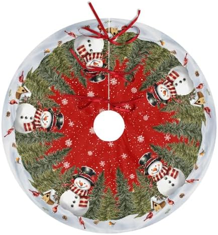 Red Snowman Christmas Tree Skirt 48 Inch Pine Tree Bird Cardinals Xmas Trees Skirts Mat for Winter Holiday Party Indoor Outdoor Decorations - Image 2