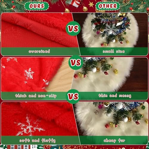 Libima 70 Inches Large Christmas Tree Skirt Faux Fur Red Xmas Tree Skirt Plush Velvet with Silver Sequins Snowflakes for Xmas Decorations Merry Christmas Party Winter Holiday Ornaments - Image 4