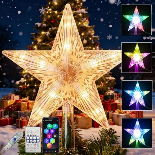 Christmas Tree Topper Star with 10 RGB LEDs, 9" Lighted Clear Star, App & Remote Control, Timer, USB Powered, Music Sync, Color Changing Treetop for Xmas New Year Holiday Tree Decoration by BraveDream