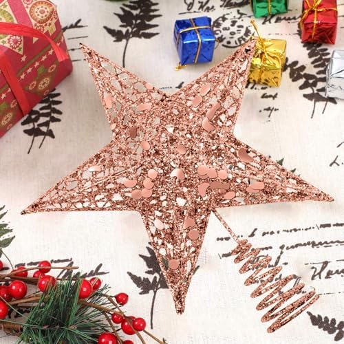 URATOT Glittered Christmas Tree Topper Metal Christmas Treetop Hallow Wire Star Topper for Christmas Home Decoration (8 inches, Rose Gold) - Image 5