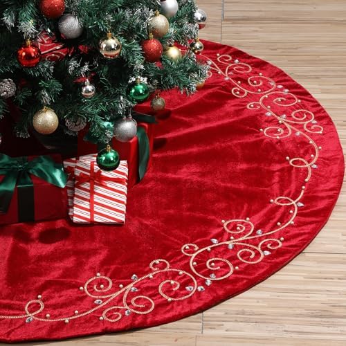 48inch Christmas Tree Skirt Red Luxury Velvet Plush Fur Skirts Baroque Tree Skirts with Gold Embroidered Pearls and Crystals Xmas Velvet Trees Skirt for Christmas Holiday Party Home Decorations by QOUBAI
