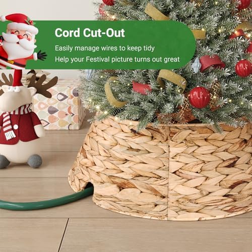 ELYKEN 13 Inch Mini Christmas Tree Collar, Stylish Hyacinth Tree Skirt for Artificial Trees, Rustic Farmhouse Wicker Tree Base Cover with Cord Cut-Out for Home Decor - Image 4