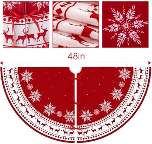 Christmas Tree Skirt 48 inch Large Tree Skirt Snowflake Reindeer Red Xmas Tree Skirt Rustic Christmas Tree Mat Decorations for Winter New Year Holiday Party Decor Indoor Outdoor - Image 5