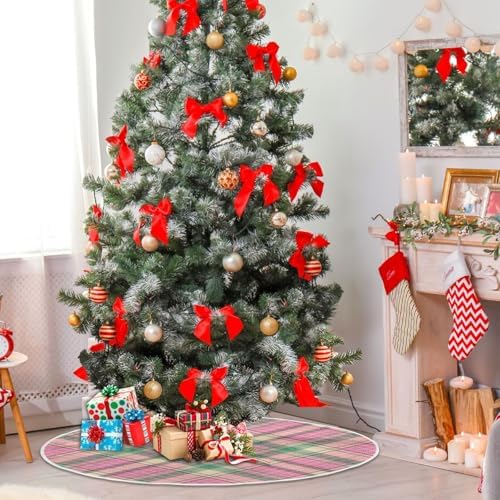 Blueangle 47.2 Inch Pink Green Plaid Christmas Tree Skirt Soft Polyester Skirt for Merry Christmas Party Christmas Tree Decoration - Image 4
