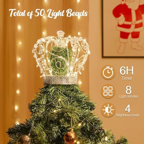 Lewondr Jeweled Crystal Crown Christmas Tree Topper with 50 Warm LED Lights - Image 3