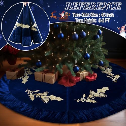 48 Inches Velvet Christmas Tree Skirt Decorations Dark Blue Luxury Xmas Fur Plush Skirts with Gold Embroidered Holly for Merry Christmas Party Rustic Vintage Holiday Home Winter - Image 3