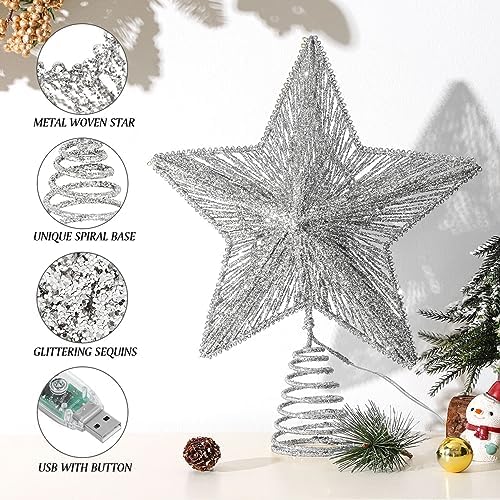 Lewondr Lighted Christmas Star Tree Topper with Remote & Timer, Silver - Image 6