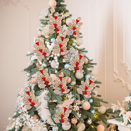 Janinka 8 Pcs Christmas Gingerbread Poinsettia Picks Tree Topper Picks with Berries Gingerbread Poinsettia Flower with Gold Glitter 11.8 Inches Christmas Tree Ornaments for Xmas Home Vase Decor - Image 2