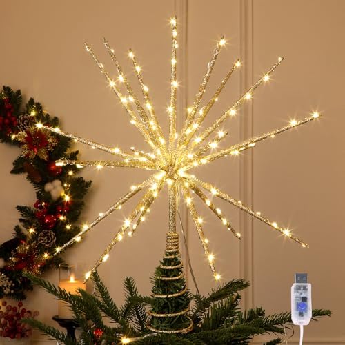 HMASYO 15 Inch Twinkling Starburst Christmas Tree Star Topper, 19-Point Gold Star Tree Topper with 150 LED, Remote Control & Timer, USB Power for Indoor Home Holiday Party Xmas Tree Decoration by HMASYO