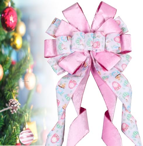 Christmas Tree Topper Wreath Bow Large Pink Christmas Bow Tree Topper 52"x13" Pink Ice Cream Pattern Velvet Ribbon Gift Bows for Xmas Holiday Home Wedding Thanksgiving Indoor/Outdoor Decoration - Image 4