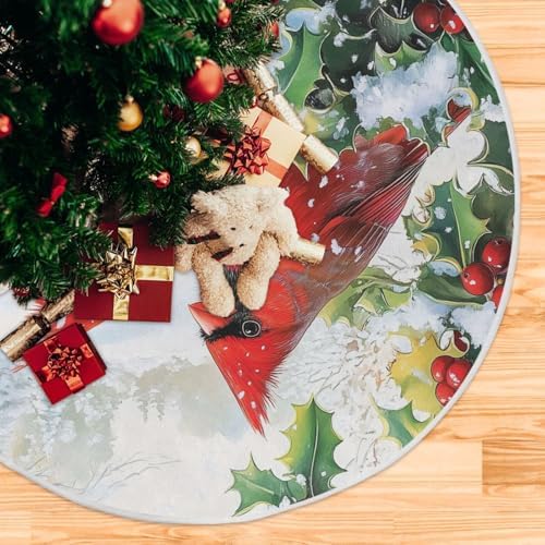 Red Cardinals Holly Berry Christmas Tree Skirt Small Xmas Tree Skirts Decorations 36 in Burlap Tree Mat Cover for 4 ft Trees Holiday Party - Image 5