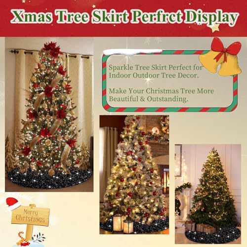 MODFUNS Black Christmas Tree Skirt Sequin Tree Skirt 46 Inch Thick Velvet HalloweenTree Skirt Mat Glitter Christmas Tree Floor Mat Shimmer Sparkle Tree Base Cover for Family Holiday Halloween Decor - Image 6
