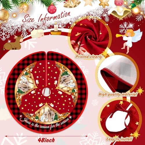 Lunmon Christmas Nativity Scene Tree Skirt 48 Inches Retro Jesus Christmas Tree Mat Decoration Buffalo Plaid Farmhouse Christian Winter Tree Skirt for Indoor Outdoor Xmas Holiday Party Decorations - Image 3