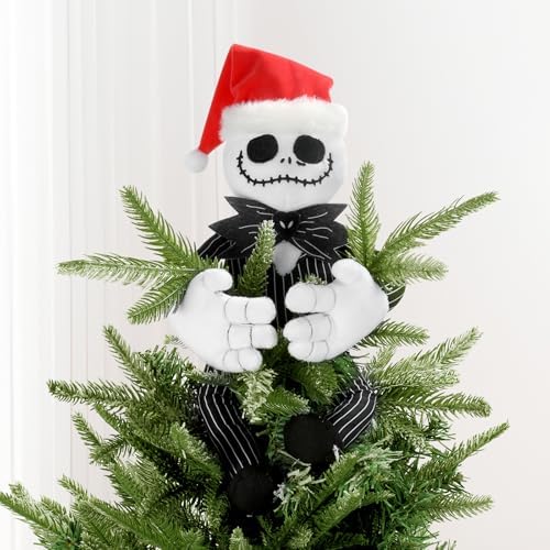 Tree Topper Decorations for Halloween and Christmas, Cute Plush Jack Huggers with Santa Hat, Poseable Handmade Tree Topper Party Decor by Lcytsato