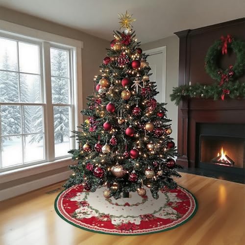 48 Inch Christmas Tree Skirt Mat Short Plush Red Xmas Tree Skirts for Indoor Outdoor Christmas Tree Decoration(Poinsettia and Balls) - Image 5