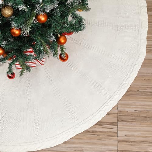 84 Inch Christmas Tree Skirt Extra Large White Vintage Chunky Xmas Knitted Tree Skirt Giant Braided Cable Knit Rustic Farmhouse Xmas Ornaments for Home Merry Christmas Holiday Winter Party Decorations by Bornerwhite