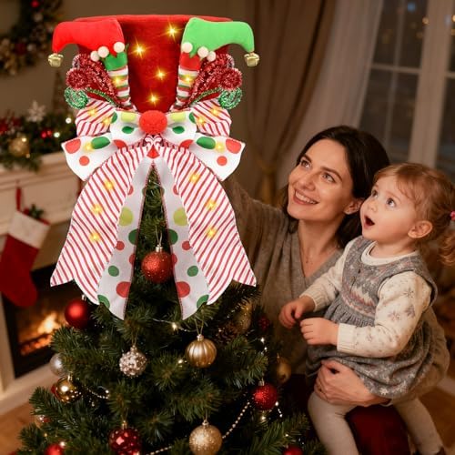 Christmas Tree Topper Hat Lighted, Large Red Bow Christmas Tree Topper with Warm Light Bulbs, Lighted Red Velvet Hat with Elf Legs Christmas Tree Decorations for Home Office Holiday Tree Decor - Image 5