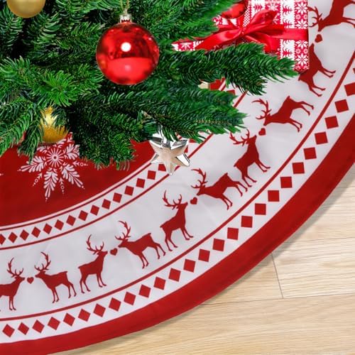 Christmas Tree Skirt 48 inch Tree Skirt Large Snowflake Reindeer Red Xmas Tree Skirt Rustic Christmas Decorations for Winter New Year Holiday Party Decor Indoor Outdoor (48in Large) by Bestselectionofgifts