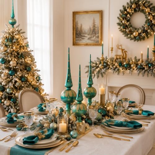 Gejoy Mercury Glass Christmas Finials Tree Topper Vintage German Ornaments Spherical Blown Glass Xmas Tree Topper Finials Green Holiday Indoor Suitable for Party Decoration, 9.8inches - Image 3