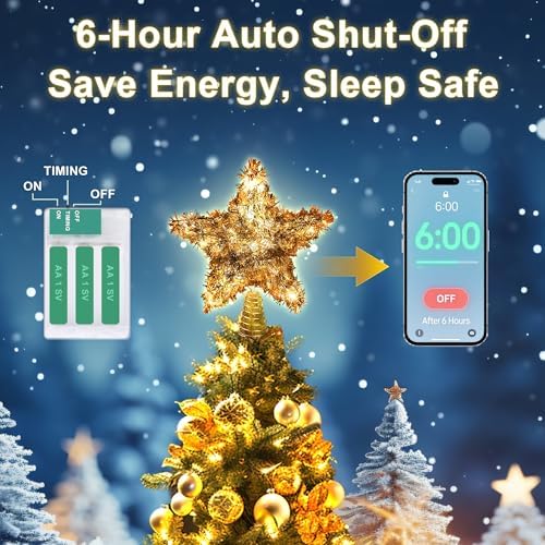 LAWOHO Christmas Tree Topper Star, Vintage Christmas Decor, 10 Inch Shiny Golden Christmas Tree Decoration with 6H Timer, 50 Warm LED Lights for Xmas Tree, Holiday & Party, Indoor Decor - Image 3