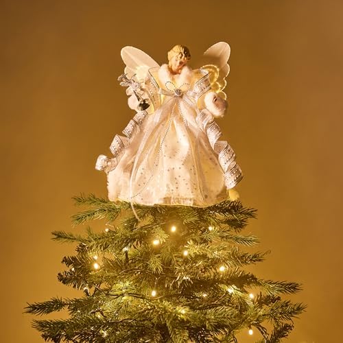 Valery Madelyn Lighted Christmas Tree Topper Angel with Timer, 12 Inch White and Silver Fabric Small Angel Tree Topper with Lights for Christmas Tree Decoration Indoor, Battery Operated - Image 2
