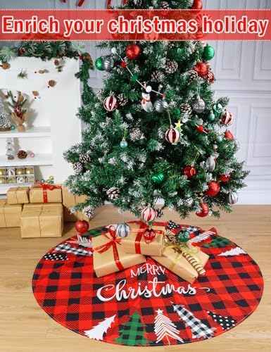 Multiwins Christmas Tree Skirt 48 Inch Red Rustic Xmas Tree Skirt with Christmas Tree, Black Red Buffalo Plaid Christmas Tree Skirt Ornaments for Merry Christmas Holiday Party Decorations Indoor - Image 2