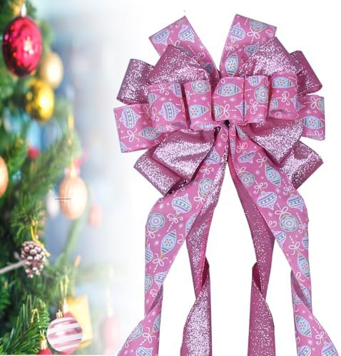 Christmas Tree Topper Wreath Bow Large Pink Christmas Bow Tree Topper 52"x13" Pink Alien Ball Glitter Satin Ribbon Gift Bows for Xmas Holiday Home Wedding Thanksgiving Indoor/Outdoor Decoration - Image 4
