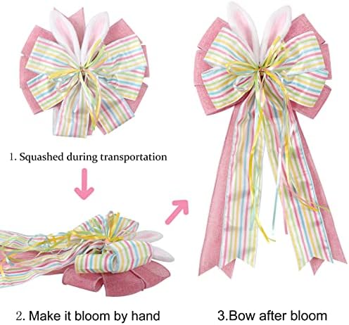 Easter Bows for Wreaths Decorations,Easter Tree Topper Bow,Decorative Bow with Bunny Ears Pink Burlap for Spring Home Front Door Outdoor - Image 4