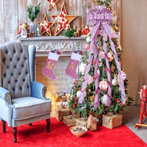 Christmas Tree Topper Wreath Bow Large Pink Christmas Bow Tree Topper 52"x13" Pink Cane Glitter Satin Ribbon Patterned Gift Bows for Xmas Holiday Home Wedding Thanksgiving Indoor/Outdoor Decoration - Image 6