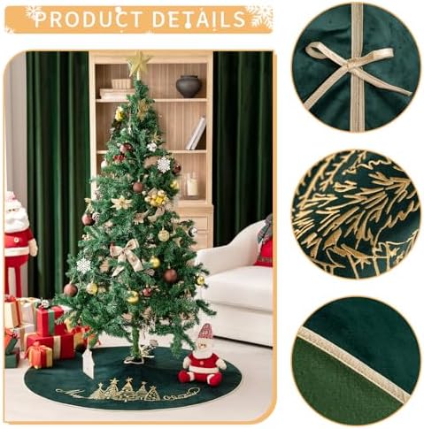 CROWNED BEAUTY 50 Inch Green Velvet Christmas Tree Skirt, Tree Embroidery - Image 5