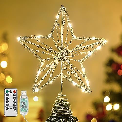 Lewondr Metal Christmas Star Tree Topper with Lights and Beads, Silver by Lewondr
