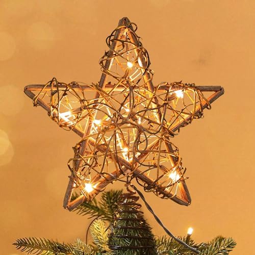 ODEETRONIC 10" Rustic Christmas Star Tree Topper, Rattan Natural Hollow by ODEETRONIC