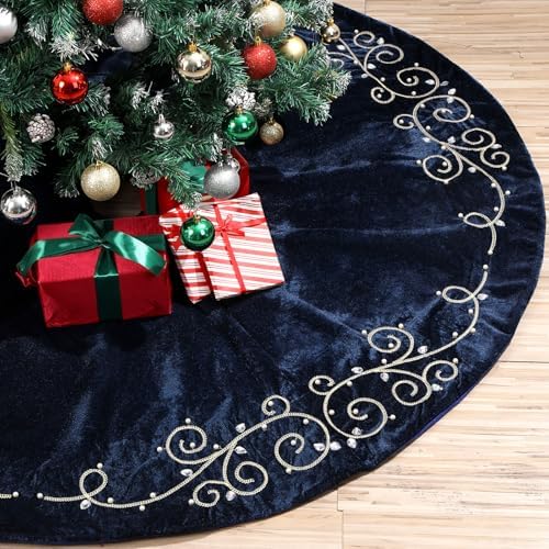 72inch Extra Large Christmas Tree Skirt Navy Blue Luxury Velvet Plush Fur Skirts Baroque Tree Skirts with Gold Embroidered Pearls and Crystals Trees Skirt for Christmas Holiday Party Home Decoration by QOUBAI