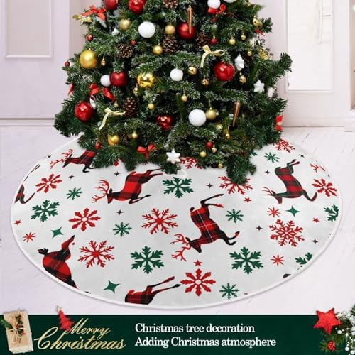 Red Elk Reindeer Snowflake Christmas Tree Skirt Large Xmas Tree Skirts Decorations 48 in Burlap Tree Mat Cover for 4 ft Trees Holiday Party - Image 2