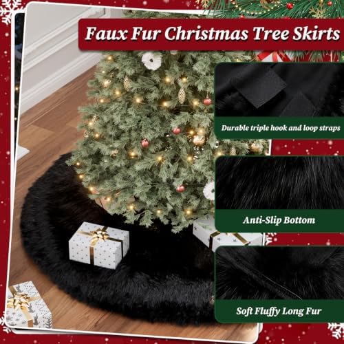 60 Inch Black Faux Fur Christmas Tree Skirt Plush Xmas Tree Base Cover - Image 2