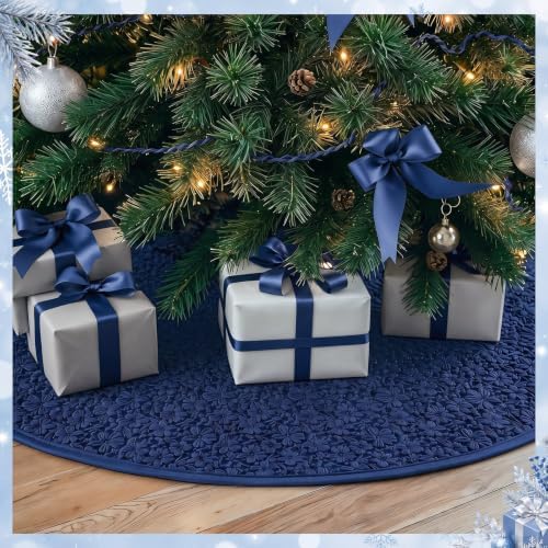 Skylety 48'' Christmas Tree Skirt Rug Embossing Xmas Tree Skirt, Navy - Image 3