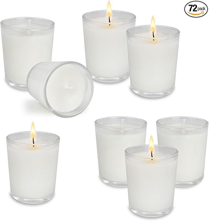 72 Pack White Unscented Clear Glass Filled Votive Candles. Hand Poured Wax Candle Ideal Gifts for Aromatherapy Spa Weddings Birthdays Holidays Party