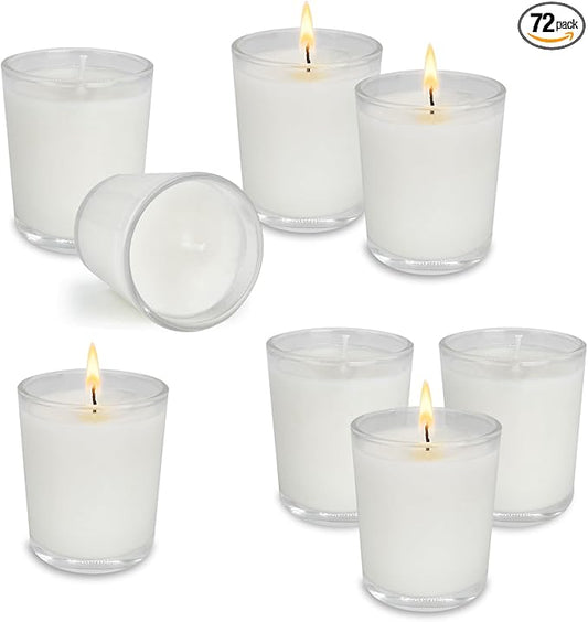 72 Pack White Unscented Clear Glass Filled Votive Candles. Hand Poured Wax Candle Ideal Gifts for Aromatherapy Spa Weddings Birthdays Holidays Party