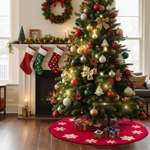 Lanpn Christmas Tree Skirt 16 inch, Velet Xmas Tree Skirt with Embroidery Snowflake Winter Christmas Tree Mat for Small mini Silm Pencil Tree Winter Holiday Indoor Xmas Decor (Red, 40cm) - Image 5