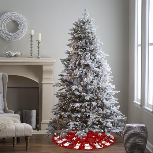 Cats Christmas Tree Skirt 48 Inch Red Xmas Tree Skirt Snowflakes Tree Mat Decorations for Winter Holiday Party Home Decor Indoor Outdoor Ornaments - Image 4