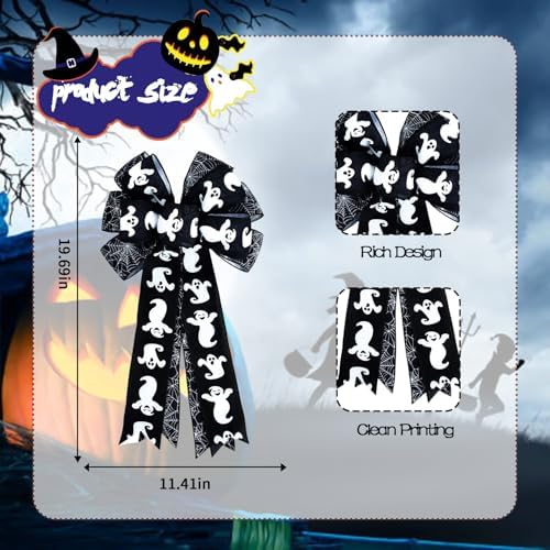 Large Halloween Tree Topper Bow, Black White Ghost Wreath Bow - Image 2