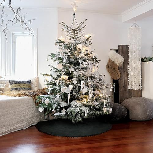Christmas Tree Skirt, Black Christmas Tree Skirt 48 inches Soft Double Layer Burlap Tree Skirt with Pom Pom for Rustic Christmas Halloween Decorations - Image 6