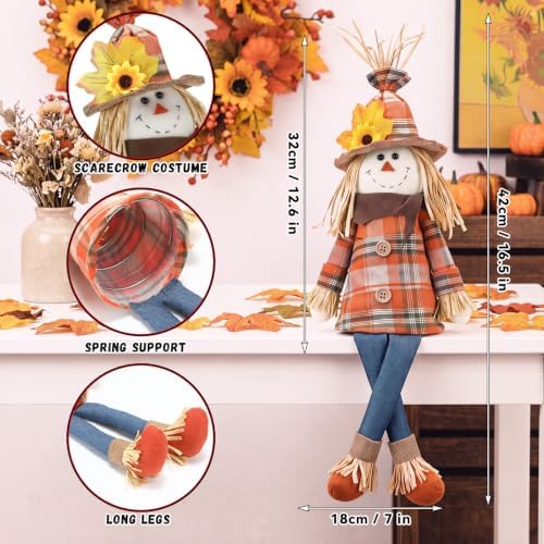 Soulchen 17.7 Inch Thanksgiving Scarecrow Tree Topper Plush Gnome Fall Tree Topper with Sunflower Maple Leaf and Dangle Legs Harvest Autumn Ornament for Home Farmhouse Party Decor - Image 2