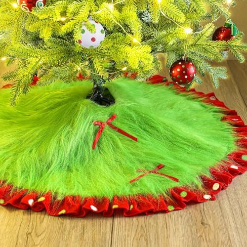 Hollowfly Red and Green Christmas Tree Skirt Furry Plush Lime Green Christmas Tree Skirts Whimsical Xmas Decorations Holiday Glittering Dot Mat Faux Round Carpet for Home Xmas Party Decor(60 Inch) by Hollowfly