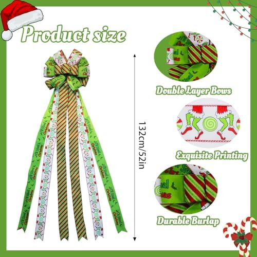 Large Christmas Tree Topper Bow 52x13 Inch, Pre-Tied Wired Wreath Ribbon - Image 3
