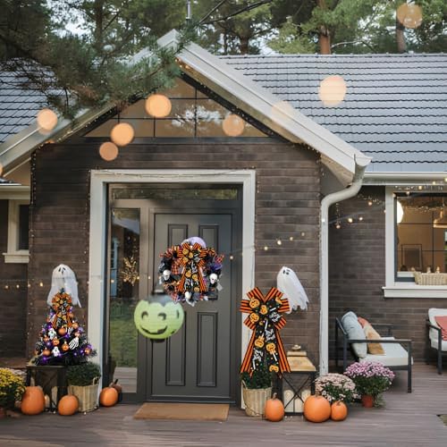 Large Halloween Pumpkin Tree Topper Bow, Orange Black Wreath Bow - Image 4