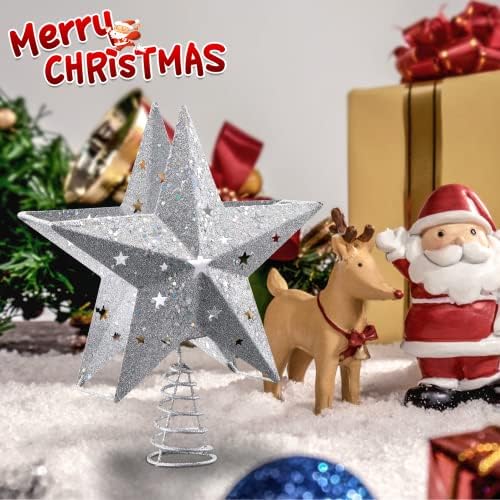 IPOW LED Snowflake Projector Star Christmas Tree Topper, 11.3 Inch Silver Glittered Star Treetop Lighted Rotating Snow Flake for Christmas New Year Holiday Decoration, Night Light Projector for Kids - Image 7