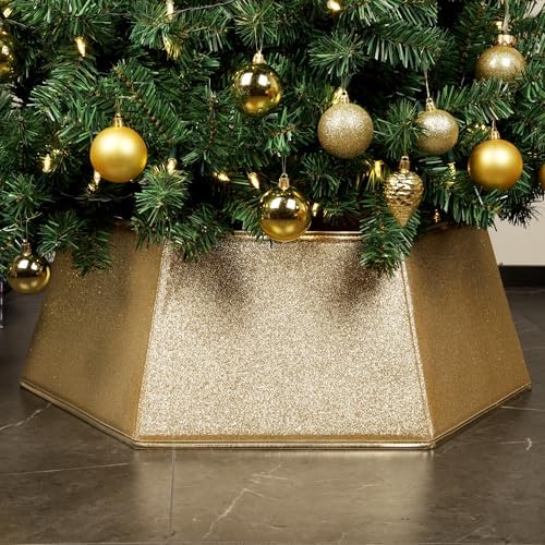Blissun Fabric Christmas Tree Collar, Hexagonal Christmas Tree Ring, Glittering Willow Christmas Tree Skirt for Tree Decorations (Glitter Gold) by Blissun
