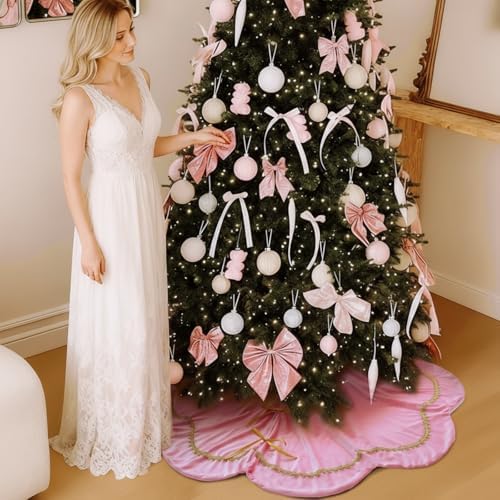 Arrowbash Christmas Tree Skirt 48 Inch Pink Velvet Fur Scallop Tree Skirt Sparking Gold Lace Trim for Party Rustic Xmas Holiday Decorations All Year - Image 4